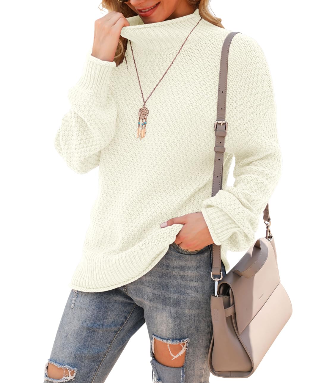 Jouica Women's Turtleneck Oversized Sweaters Batwing Long Sleeve Pullover Loose Chunky Knit Jumper