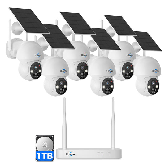Hiseeu Solar Camera Wireless Outdoor, Home Security Camera System, 2.4G & 5G WiFi, Solar-Powered 4MP 4 Cam-Kit, Color Night Vision, 360° View, Pan & Tilt, 1TB HDD Local Recording, No Subscription
