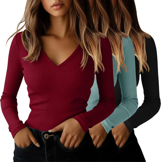 Ficerd 3 Pack Women's Long Sleeve T Shirts Cotton V Neck Slim Fit Tops Ribbed Knit Layering Casual Basic Tees Fall