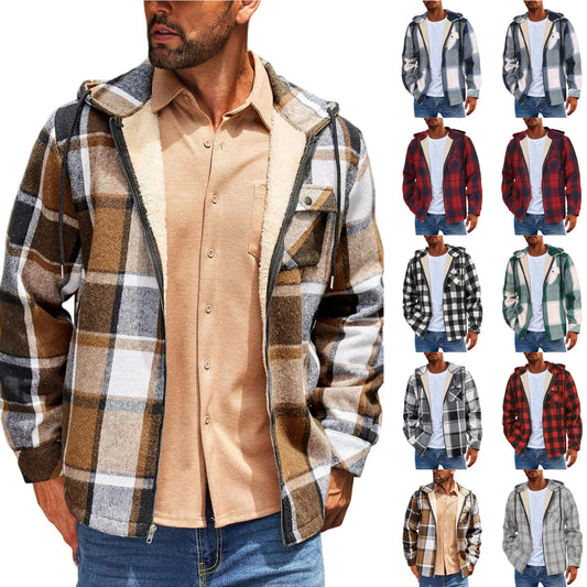 Men's Shirt Plaid Retro Warm Top Winter Fashion Men's Clothing Classic Style Zipper Jacket Thickened Fleece Lined Hooded