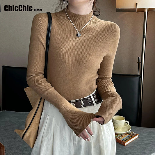 Hot Sale Women Sweater Autumn Mock Neck Vintage Basic Solid Knitted Tops Slim Pullover Korean Sweaters Long Sleeve Clothes 90s