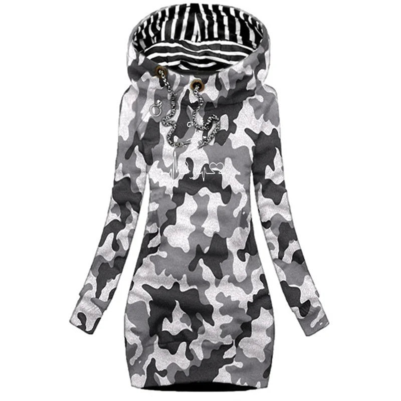 Trendy Line Cat Printed Autumn and Winter Women's Fashion Hoodie Dresses Hoodie Dresses Women's Long Sleeve Sweater Dresses