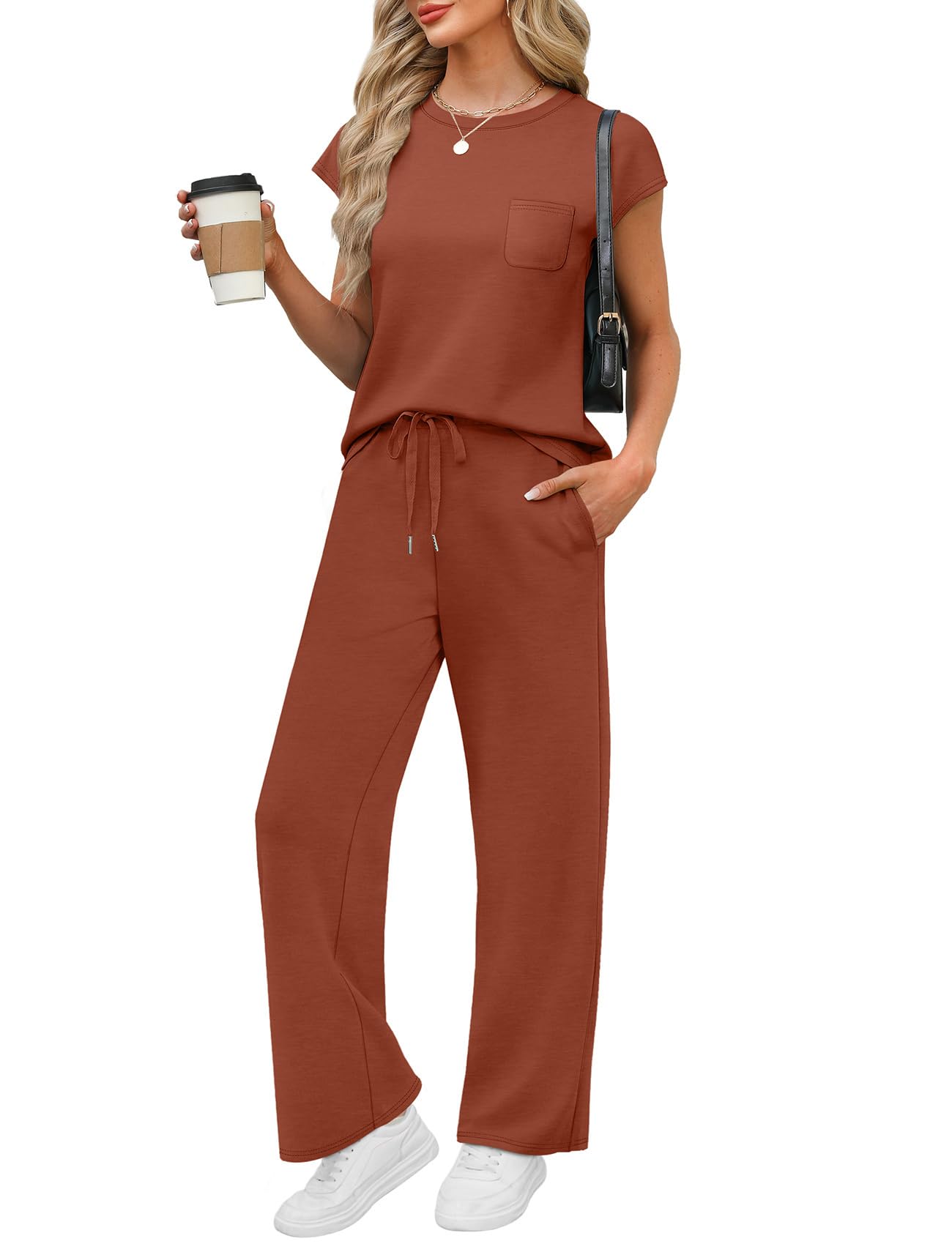 WIHOLL 2 Piece Sets for Women Casual Summer Travel Vacation Outfits Cap Sleeve Lounge Set