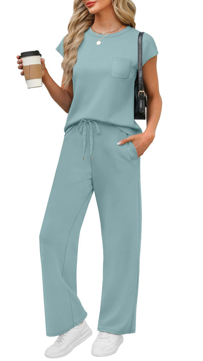 WIHOLL 2 Piece Sets for Women Casual Summer Travel Vacation Outfits Cap Sleeve Lounge Set