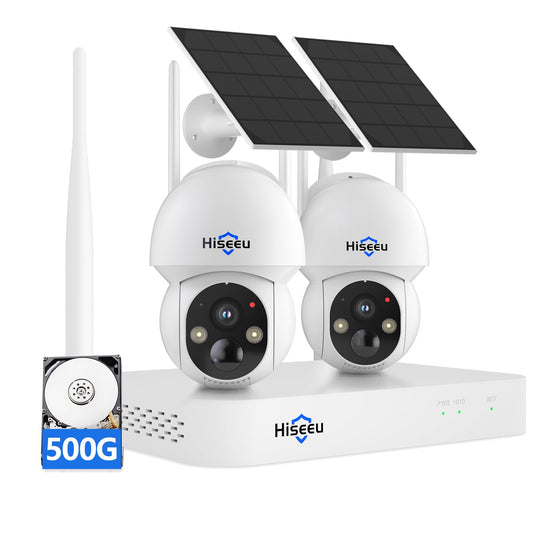 Hiseeu Solar Camera Wireless Outdoor, Home Security Camera System, 2.4G & 5G WiFi, Solar-Powered 4MP 4 Cam-Kit, Color Night Vision, 360° View, Pan & Tilt, 1TB HDD Local Recording, No Subscription