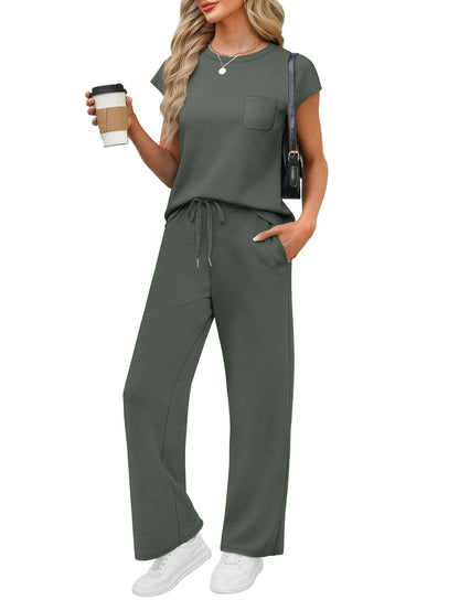 WIHOLL 2 Piece Sets for Women Casual Summer Travel Vacation Outfits Cap Sleeve Lounge Set