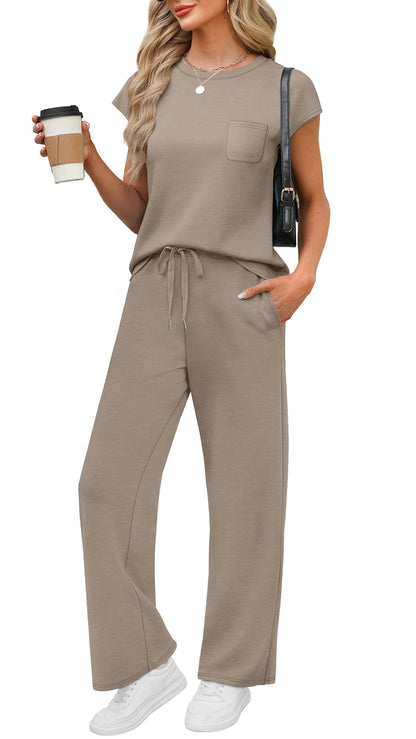 WIHOLL 2 Piece Sets for Women Casual Summer Travel Vacation Outfits Cap Sleeve Lounge Set