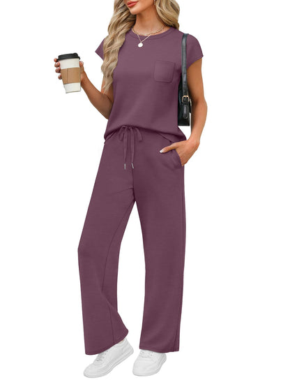 WIHOLL 2 Piece Sets for Women Casual Summer Travel Vacation Outfits Cap Sleeve Lounge Set