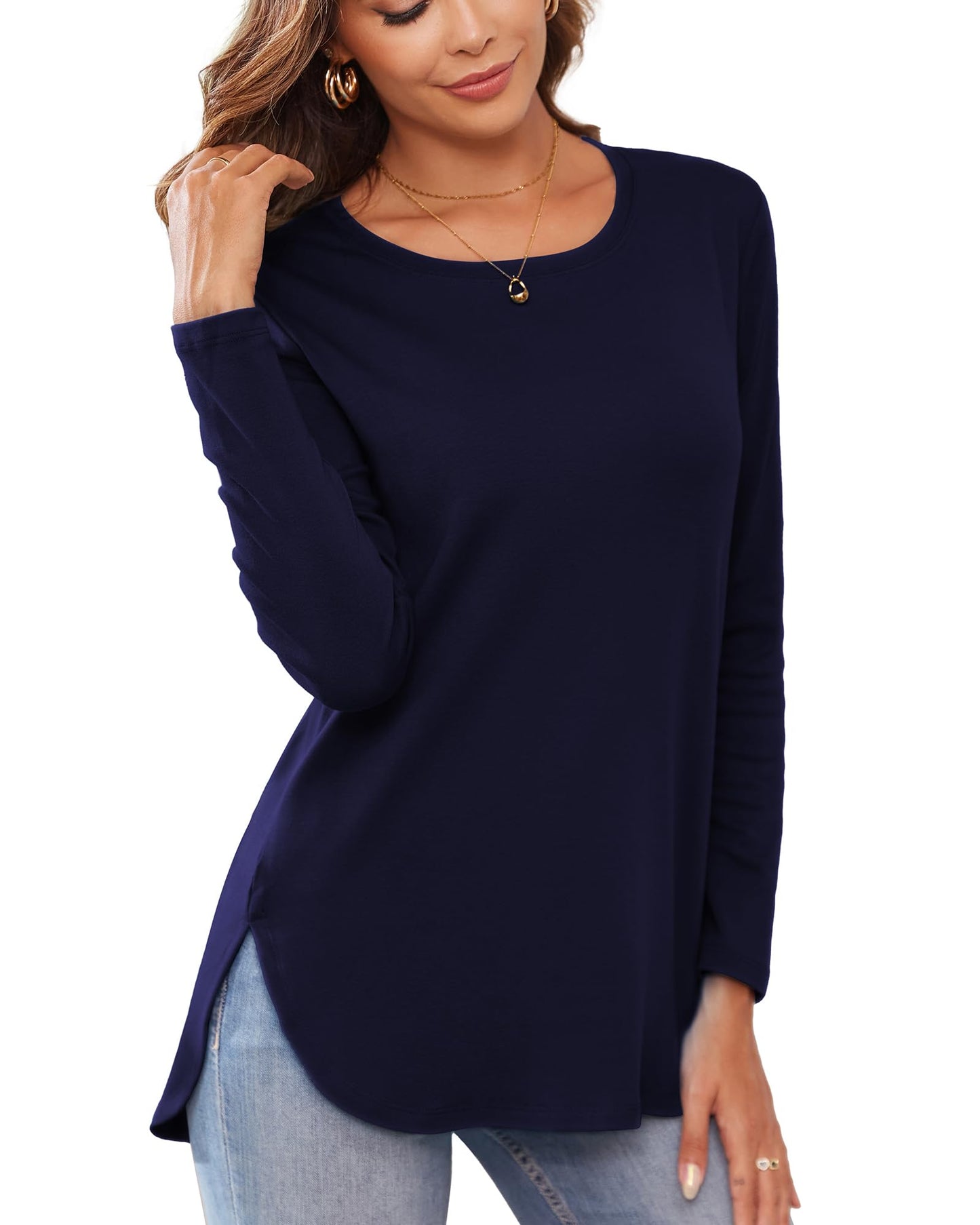 Herou Women's Casual Long Sleeve T Shirt Crewneck with Side Split Fall Pullover Loose Tunic Sweater Tops