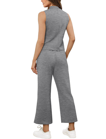 SAMPEEL Two Piece Sets for Women Summer Outfits Lounge Sets Mock Neck Tops Wide Leg Crop Pants Vacation Travel Outfits