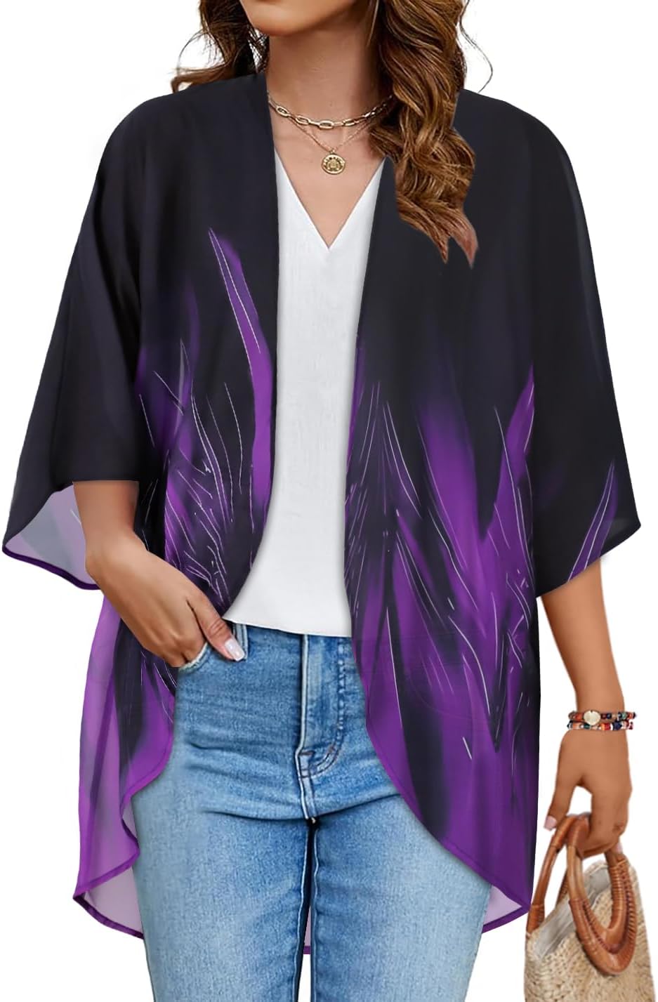 Women's Floral Print Puff Sleeve Kimono Cardigan Loose Cover Up Casual Blouse Tops 2026