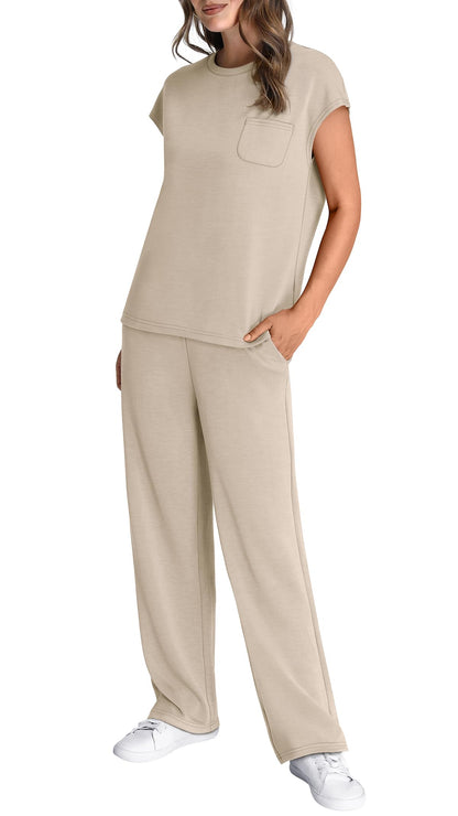 WIHOLL 2 Piece Sets for Women Casual Summer Travel Vacation Outfits Cap Sleeve Lounge Set