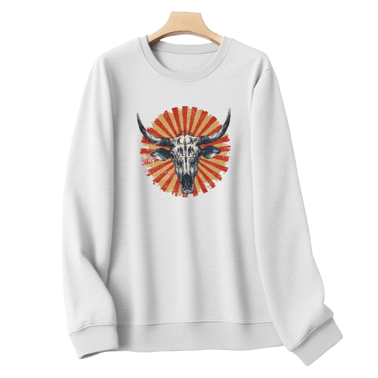 LOAIHA Womens Boho Western Skull Graphic Sweatshirt Long Sleeve Crewneck Pullover White Cotton Blend Casual Streetwear Top
