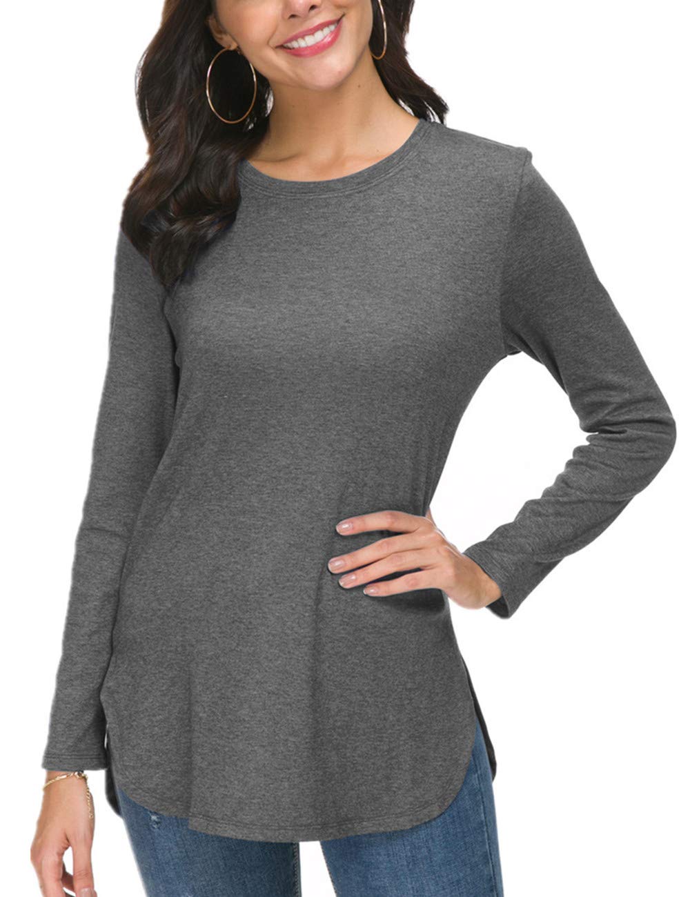 Herou Women's Casual Long Sleeve T Shirt Crewneck with Side Split Fall Pullover Loose Tunic Sweater Tops