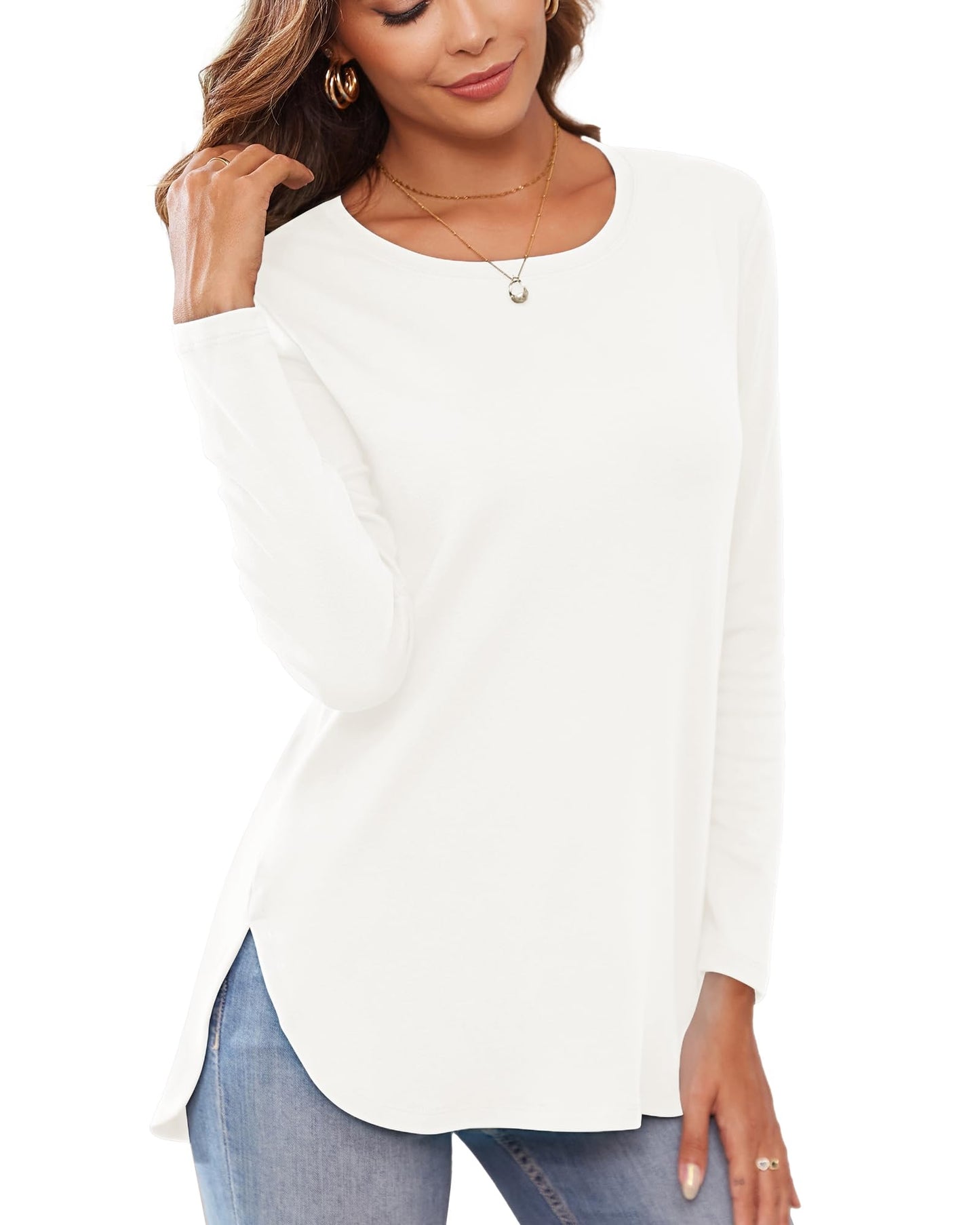Herou Women's Casual Long Sleeve T Shirt Crewneck with Side Split Fall Pullover Loose Tunic Sweater Tops