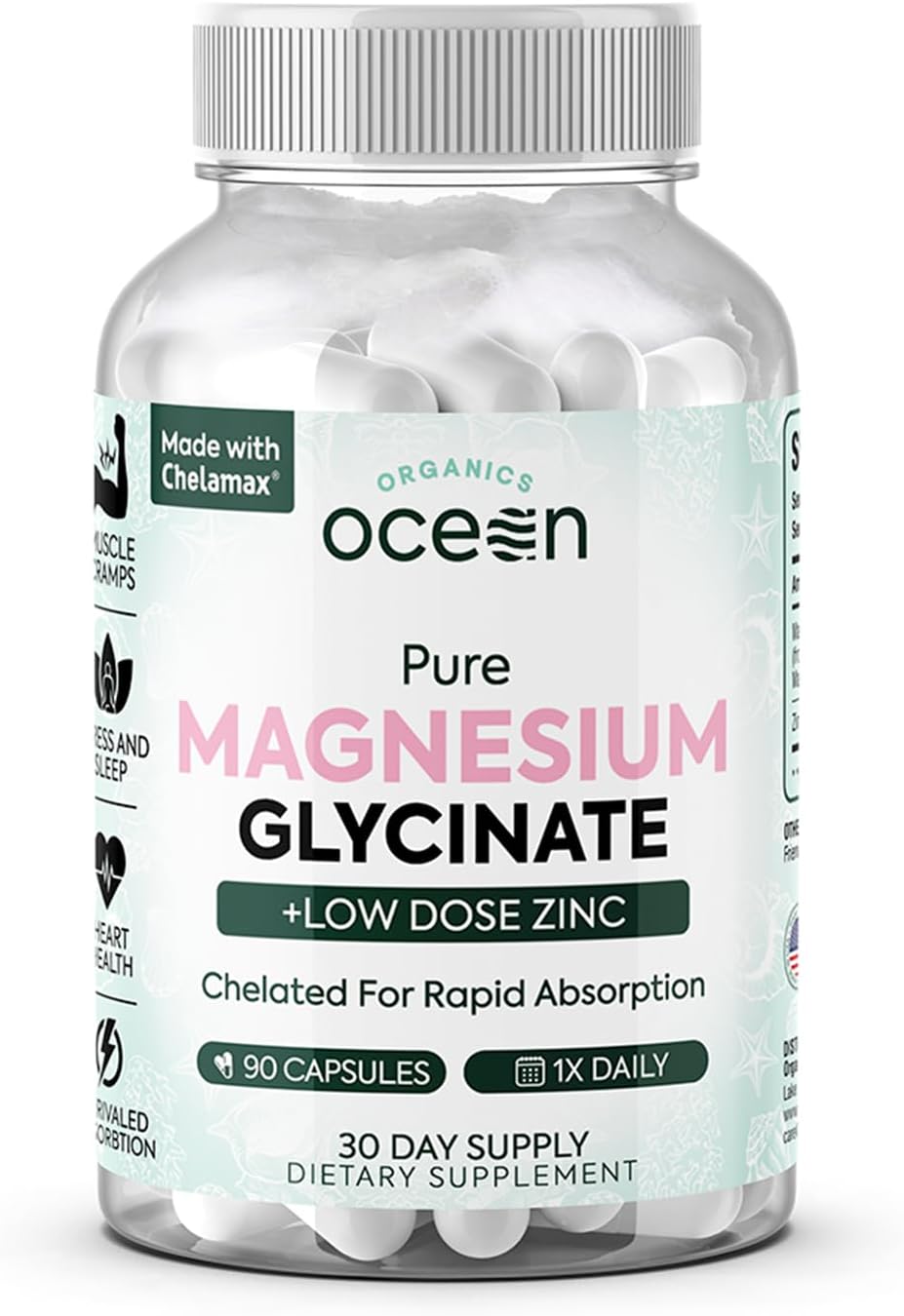 Organics Ocean Pure Magnesium Glycinate with Zinc - Maximum Strength Chelated Magnesium Supplement for Women and Men for Muscle Cramps and Sleep Support - 90 Capsule