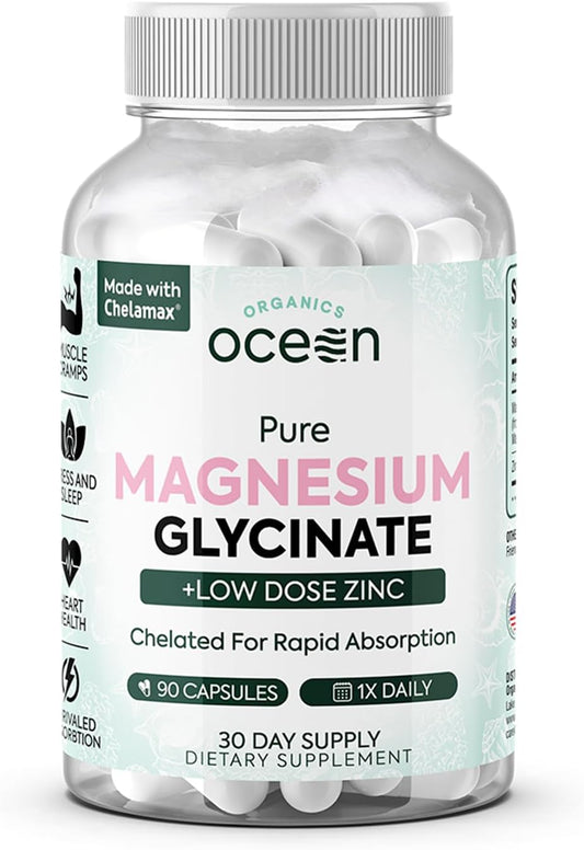 Organics Ocean Pure Magnesium Glycinate with Zinc - Maximum Strength Chelated Magnesium Supplement for Women and Men for Muscle Cramps and Sleep Support - 90 Capsule