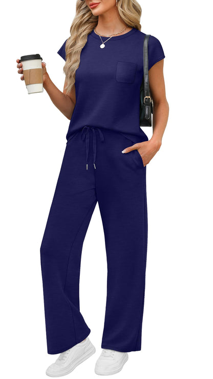 WIHOLL 2 Piece Sets for Women Casual Summer Travel Vacation Outfits Cap Sleeve Lounge Set