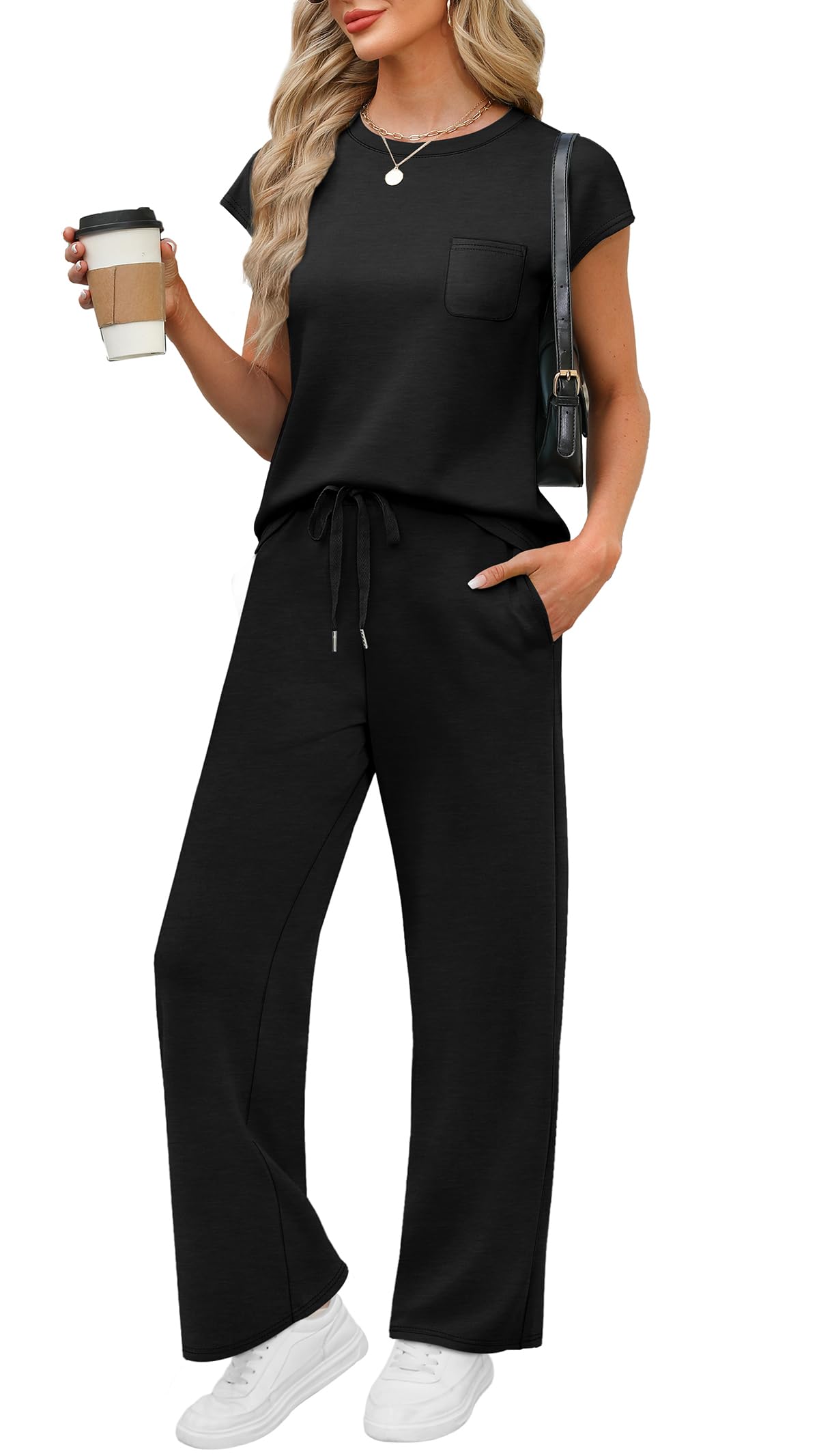 WIHOLL 2 Piece Sets for Women Casual Summer Travel Vacation Outfits Cap Sleeve Lounge Set