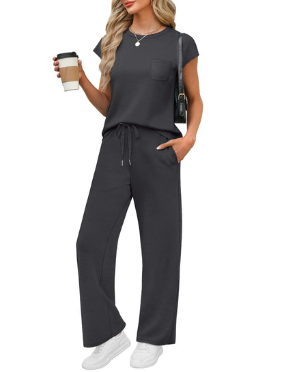 WIHOLL 2 Piece Sets for Women Casual Summer Travel Vacation Outfits Cap Sleeve Lounge Set