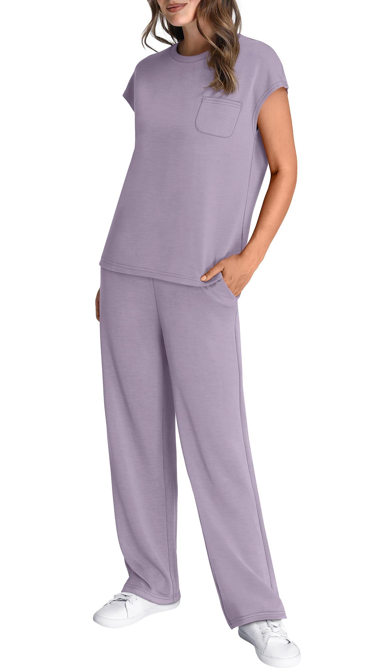 WIHOLL 2 Piece Sets for Women Casual Summer Travel Vacation Outfits Cap Sleeve Lounge Set