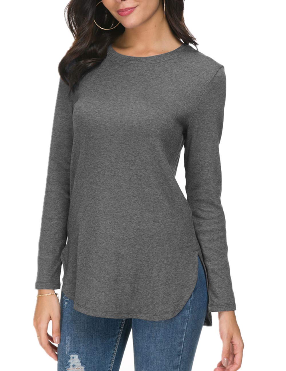 Herou Women's Casual Long Sleeve T Shirt Crewneck with Side Split Fall Pullover Loose Tunic Sweater Tops