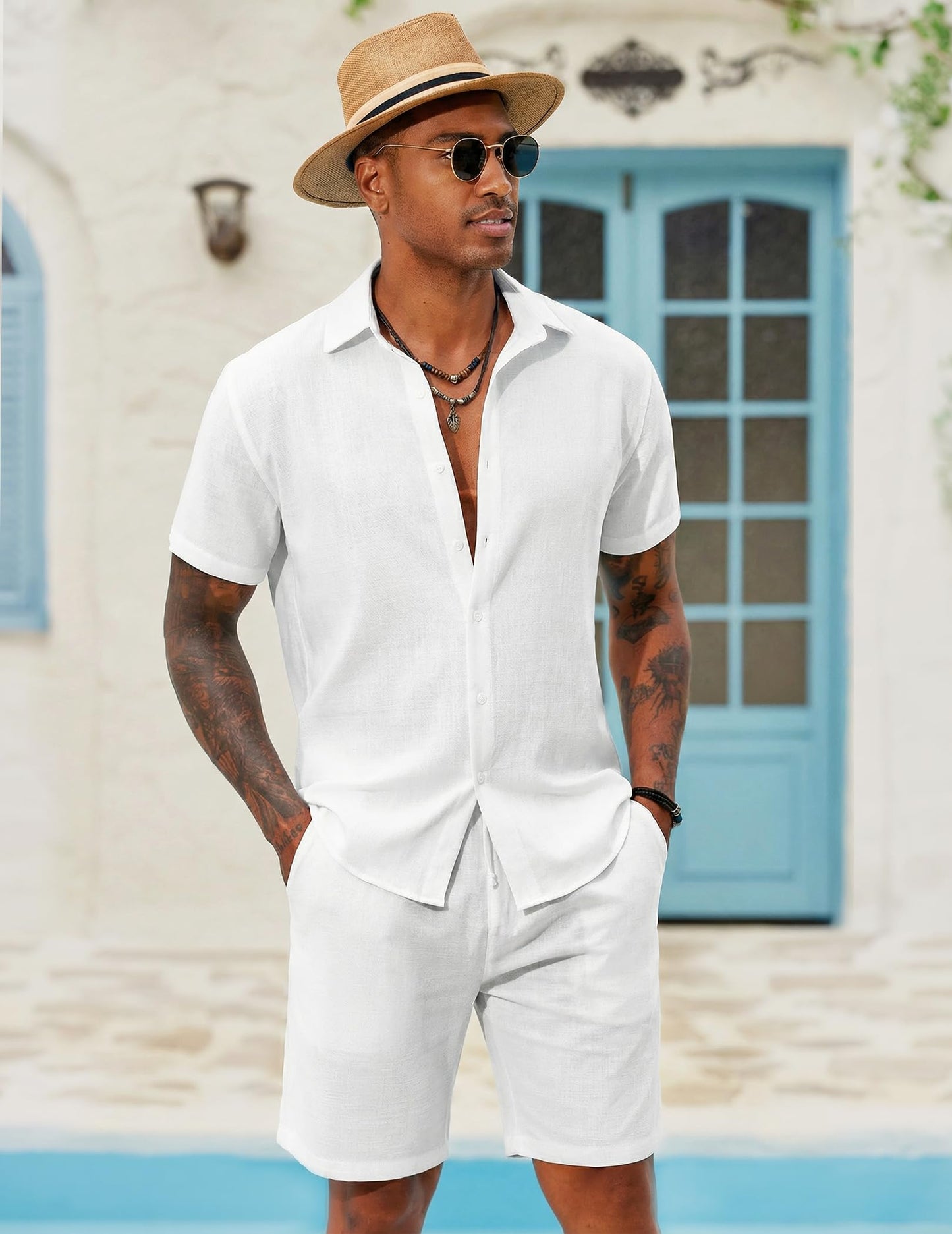 COOFANDY Men's 2 Pieces Cotton Linen Set Short Sleeve Button Down Shirts Summer Beach Shorts Casual Outfits