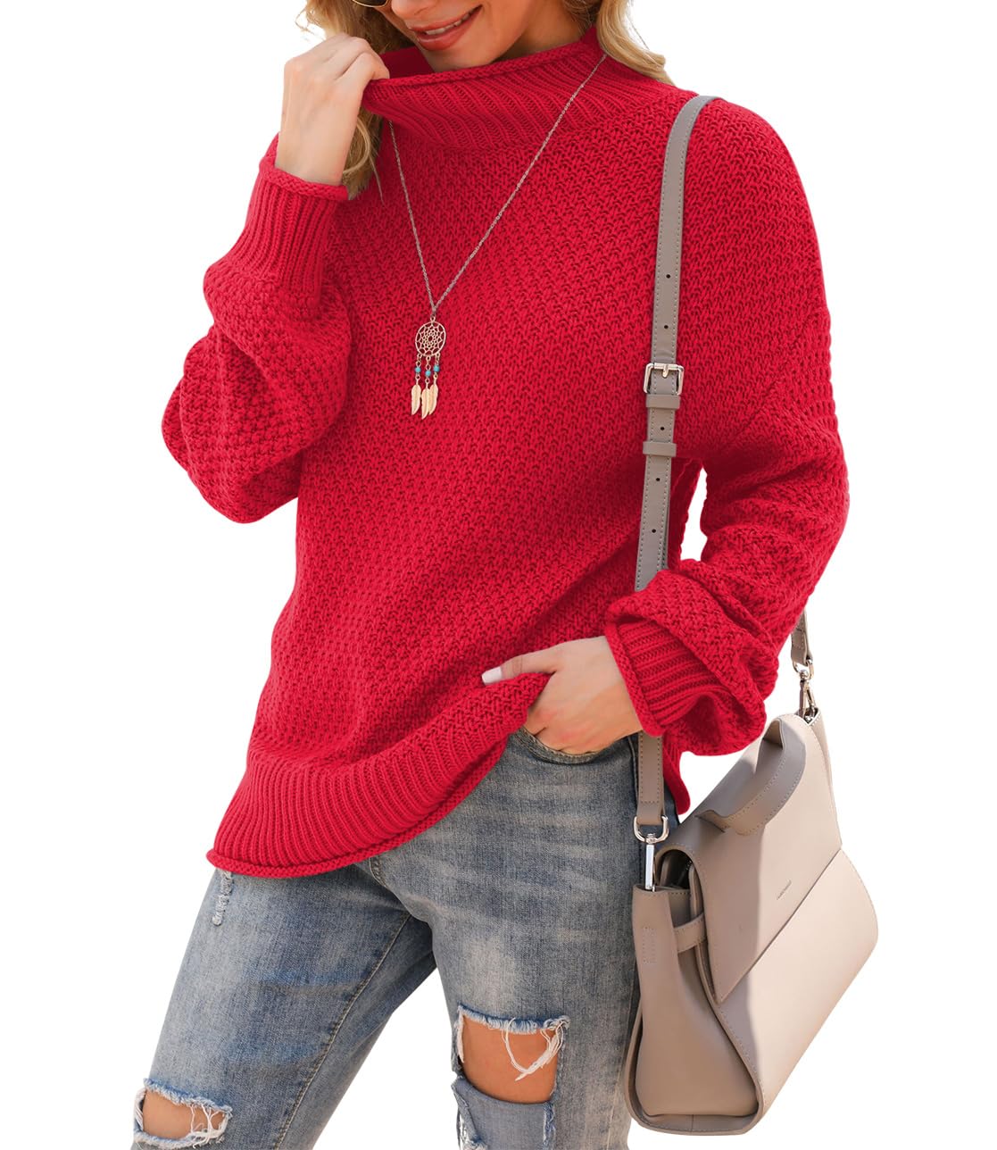 Jouica Women's Turtleneck Oversized Sweaters Batwing Long Sleeve Pullover Loose Chunky Knit Jumper