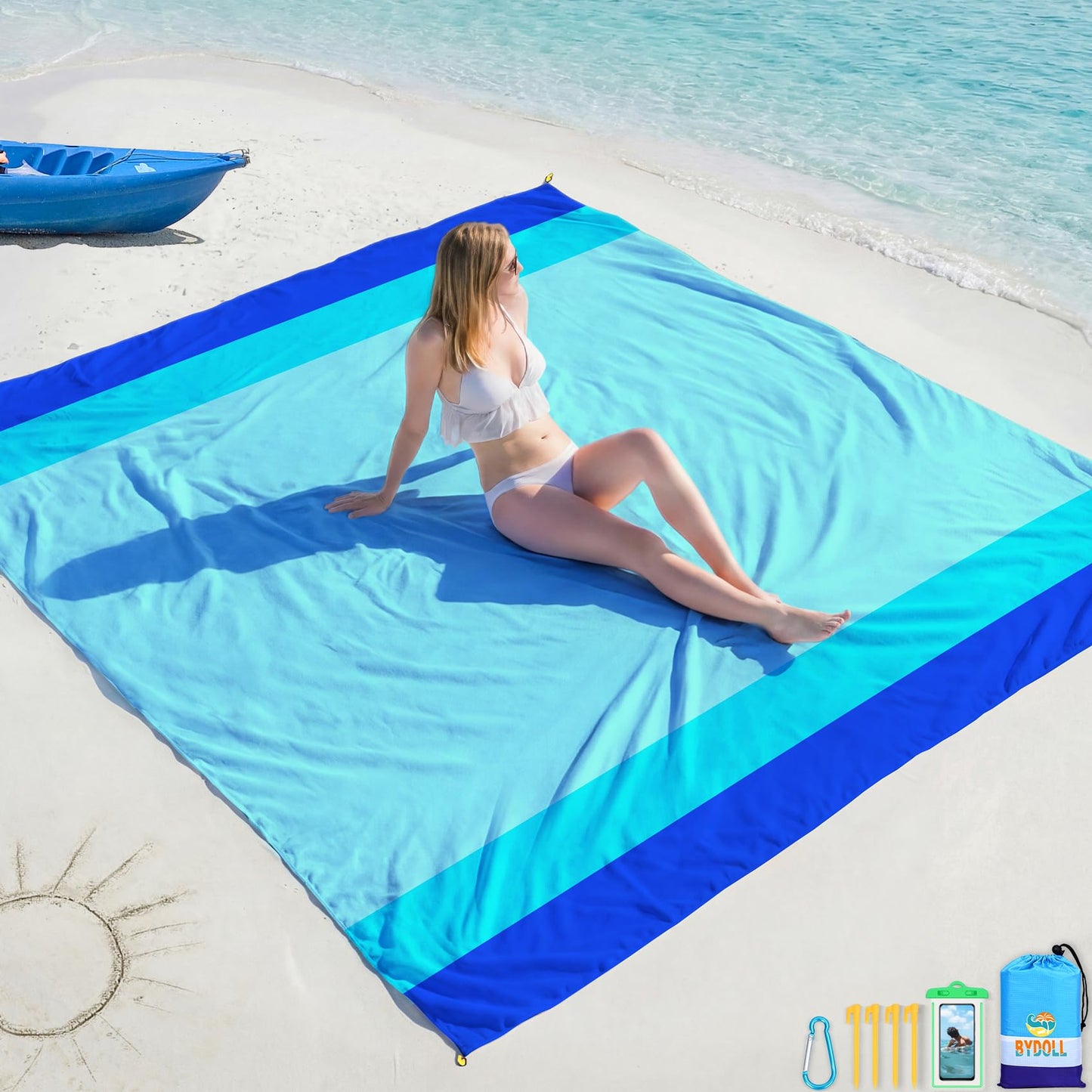 BYDOLL Beach Blanket Waterproof Sandproof Large Sand Free,78''X81''/10'X9' Oversized Sandless Lightweight Blanket Picnic Mat for Beach Travel Camping Hiking with Stakes