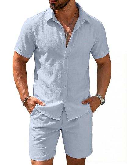 COOFANDY Men's 2 Pieces Cotton Linen Set Short Sleeve Button Down Shirts Summer Beach Shorts Casual Outfits