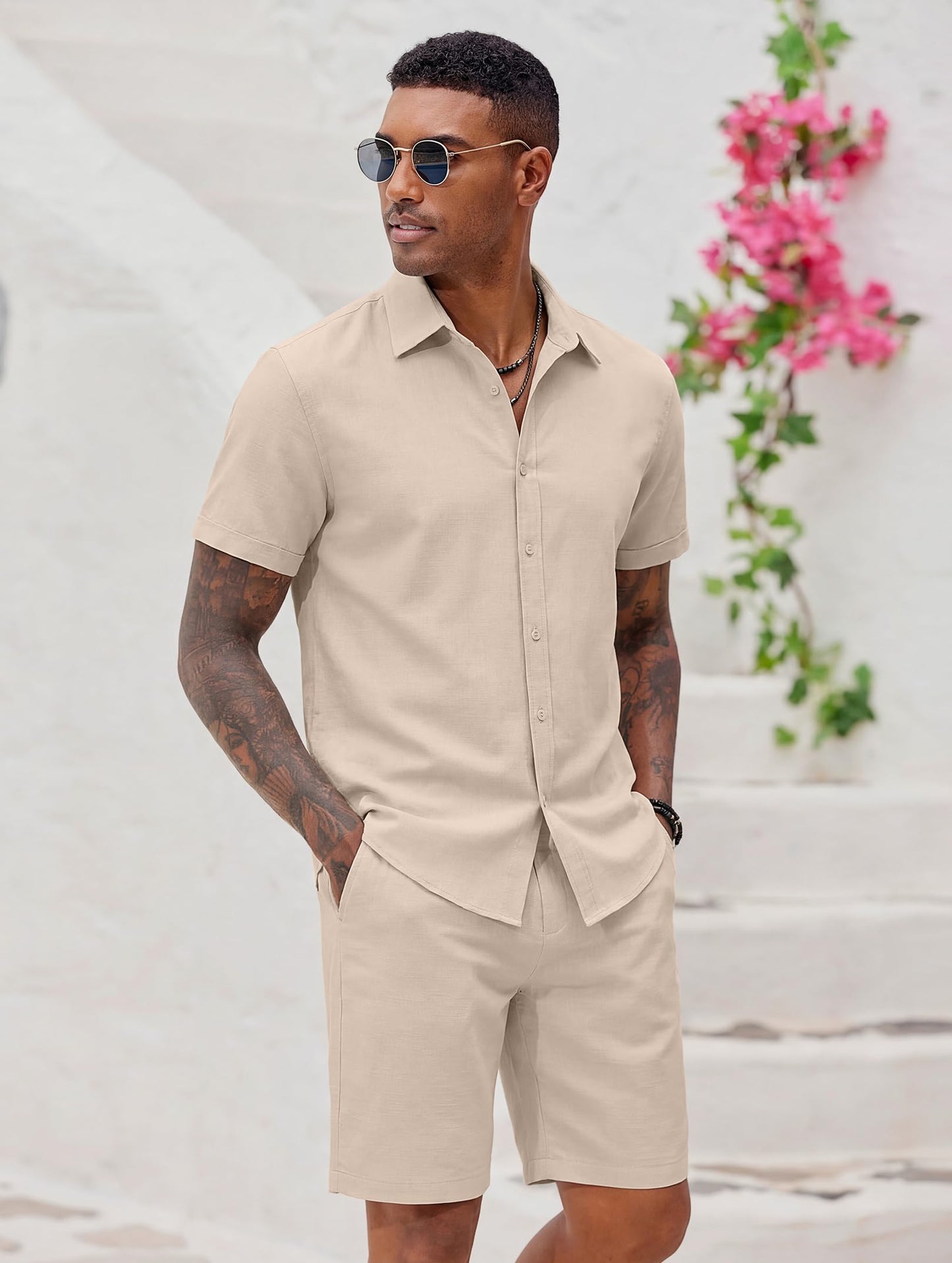 COOFANDY Men's 2 Pieces Cotton Linen Set Short Sleeve Button Down Shirts Summer Beach Shorts Casual Outfits