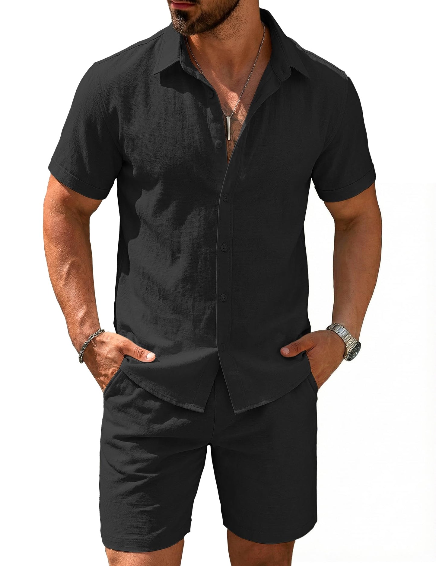 COOFANDY Men's 2 Pieces Cotton Linen Set Short Sleeve Button Down Shirts Summer Beach Shorts Casual Outfits