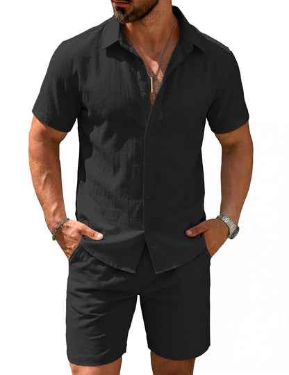 COOFANDY Men's 2 Pieces Cotton Linen Set Short Sleeve Button Down Shirts Summer Beach Shorts Casual Outfits