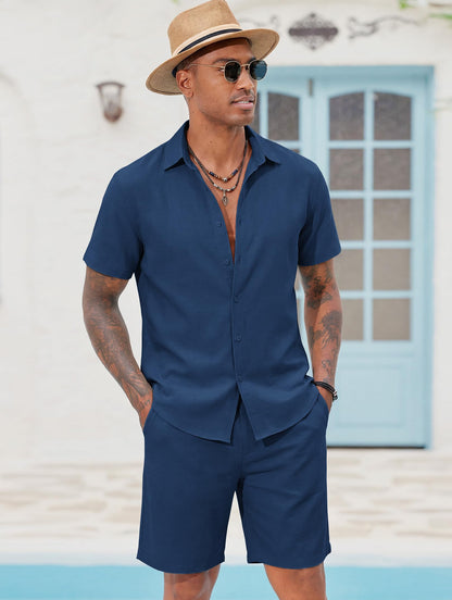 COOFANDY Men's 2 Pieces Cotton Linen Set Short Sleeve Button Down Shirts Summer Beach Shorts Casual Outfits