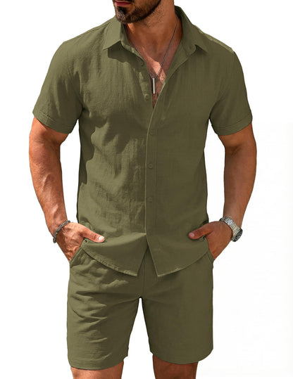 COOFANDY Men's 2 Pieces Cotton Linen Set Short Sleeve Button Down Shirts Summer Beach Shorts Casual Outfits