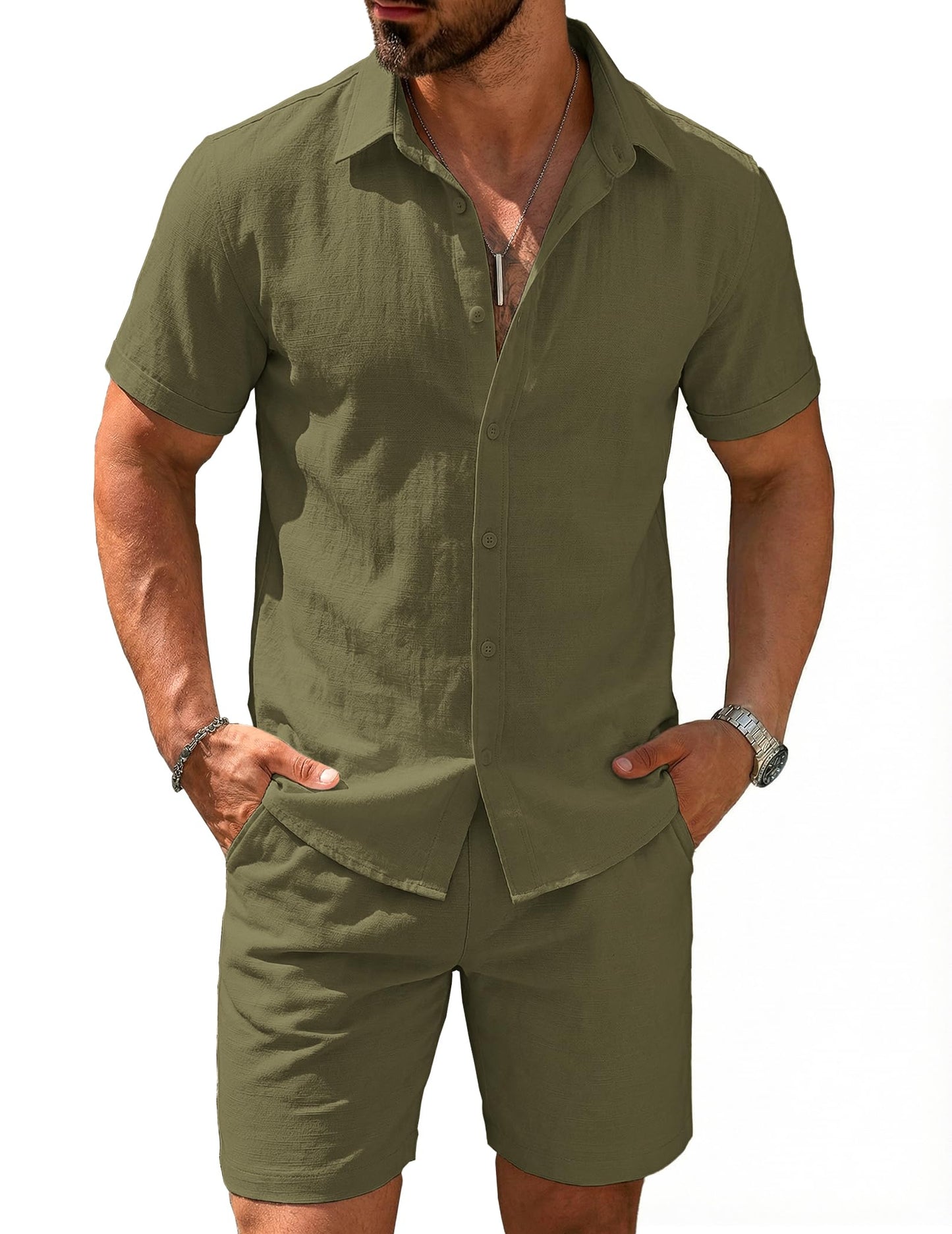 COOFANDY Men's 2 Pieces Cotton Linen Set Short Sleeve Button Down Shirts Summer Beach Shorts Casual Outfits