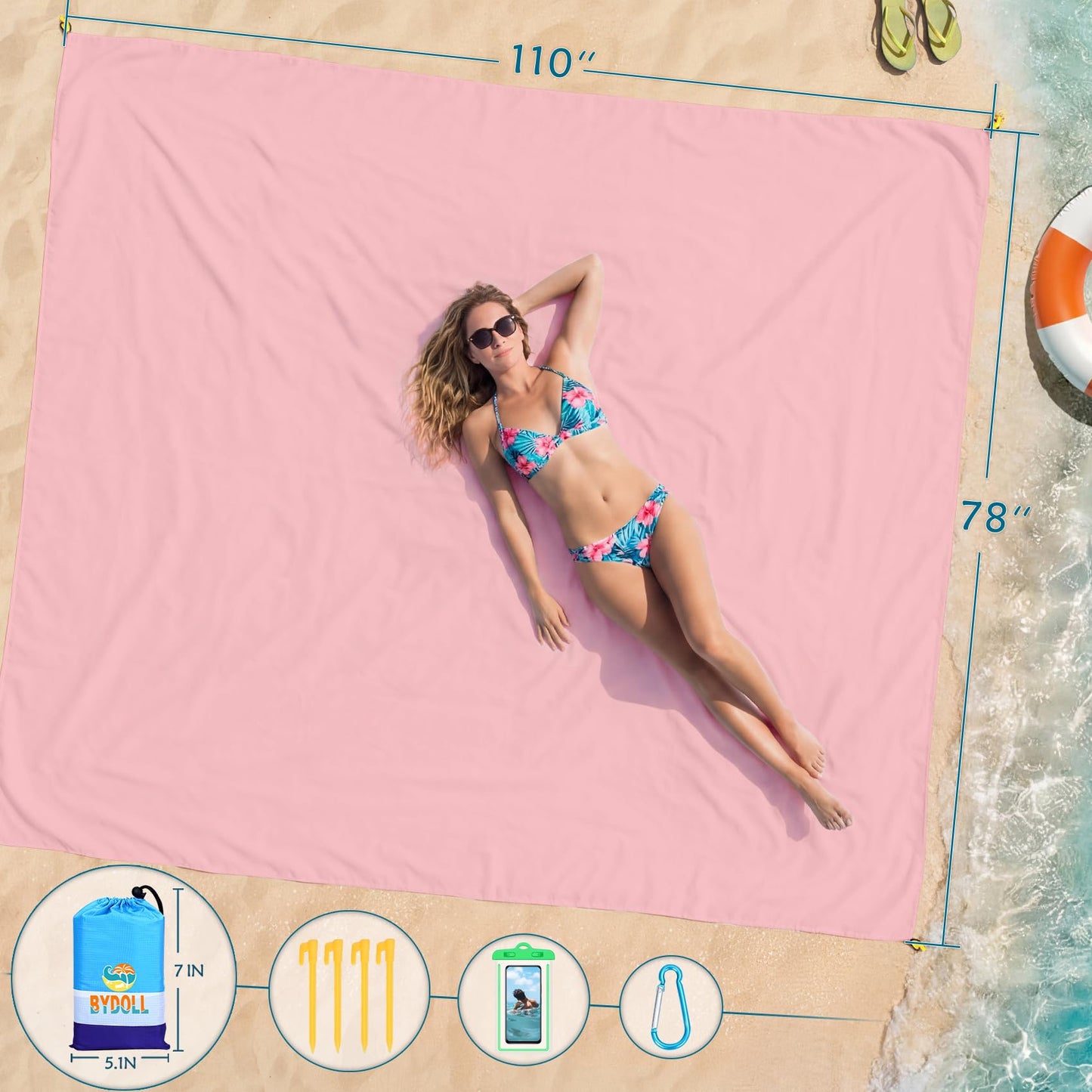 BYDOLL Beach Blanket Waterproof Sandproof Large Sand Free,78''X81''/10'X9' Oversized Sandless Lightweight Blanket Picnic Mat for Beach Travel Camping Hiking with Stakes