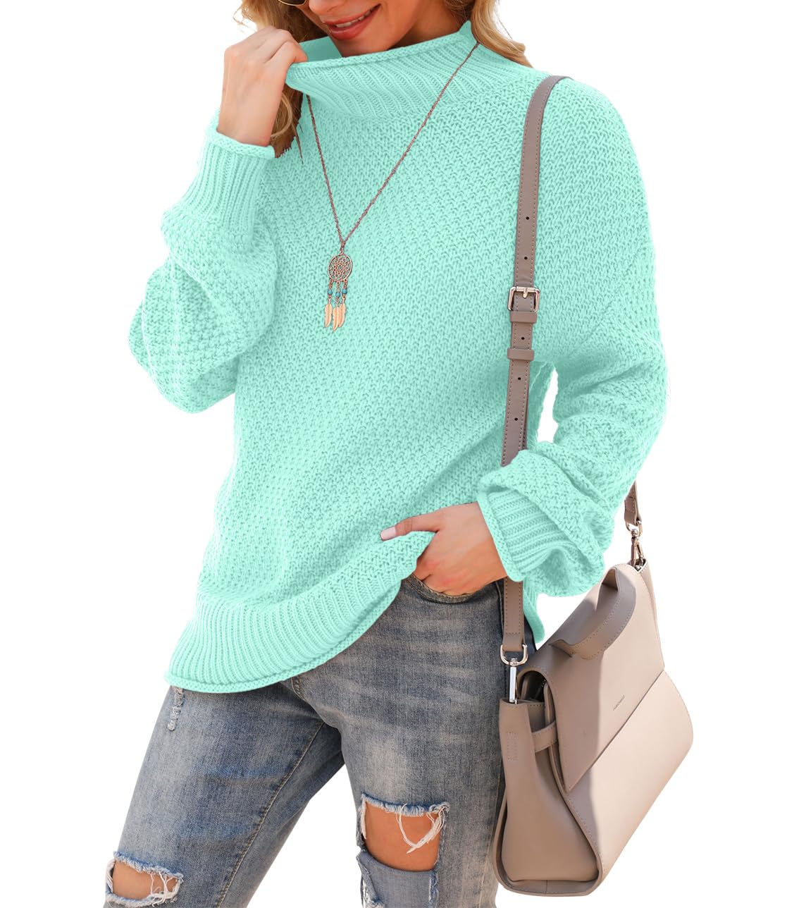 Jouica Women's Turtleneck Oversized Sweaters Batwing Long Sleeve Pullover Loose Chunky Knit Jumper