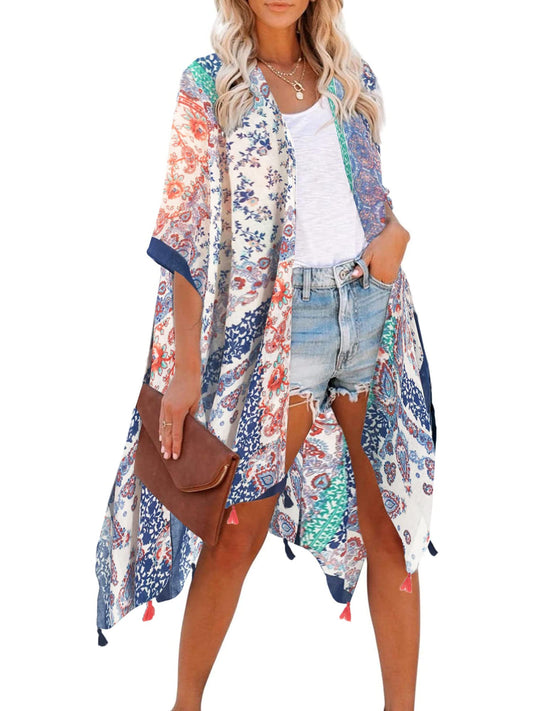 Breezy Lane Women's Kimono Cardigan Summer Swimsuit Coverups Beach Cover Up with Floral Print for Vacation