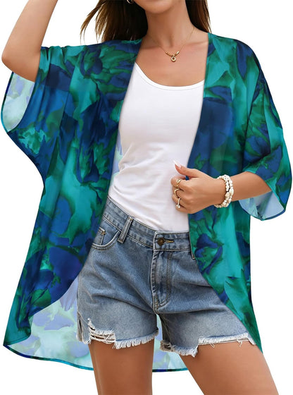 Women's Floral Print Puff Sleeve Kimono Cardigan Loose Cover Up Casual Blouse Tops 2026