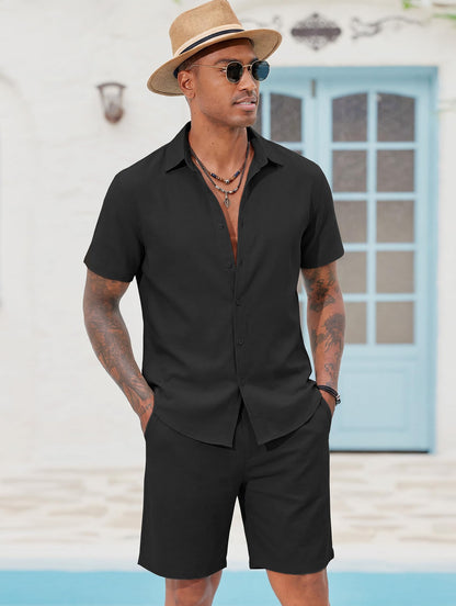 COOFANDY Men's 2 Pieces Cotton Linen Set Short Sleeve Button Down Shirts Summer Beach Shorts Casual Outfits