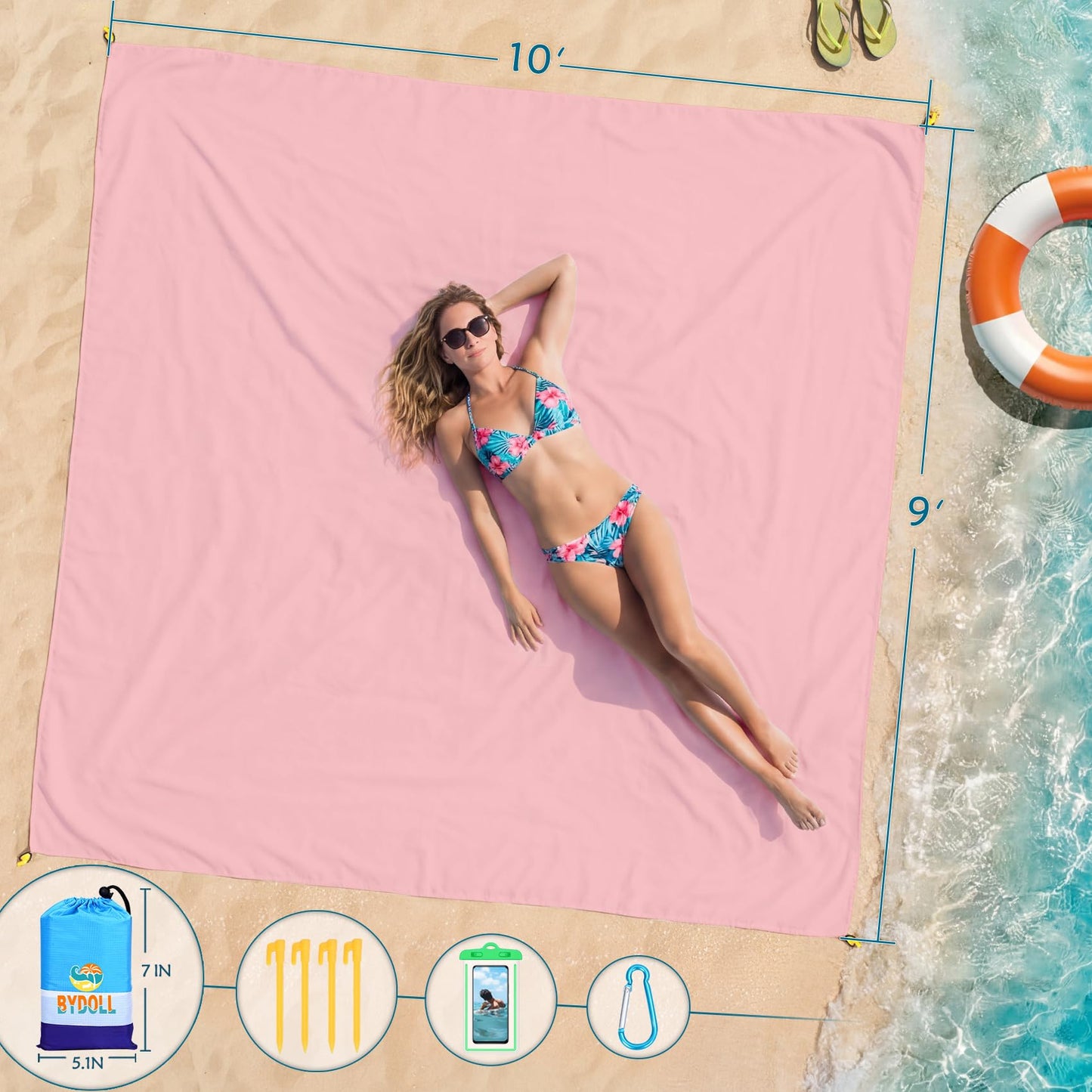 BYDOLL Beach Blanket Waterproof Sandproof Large Sand Free,78''X81''/10'X9' Oversized Sandless Lightweight Blanket Picnic Mat for Beach Travel Camping Hiking with Stakes