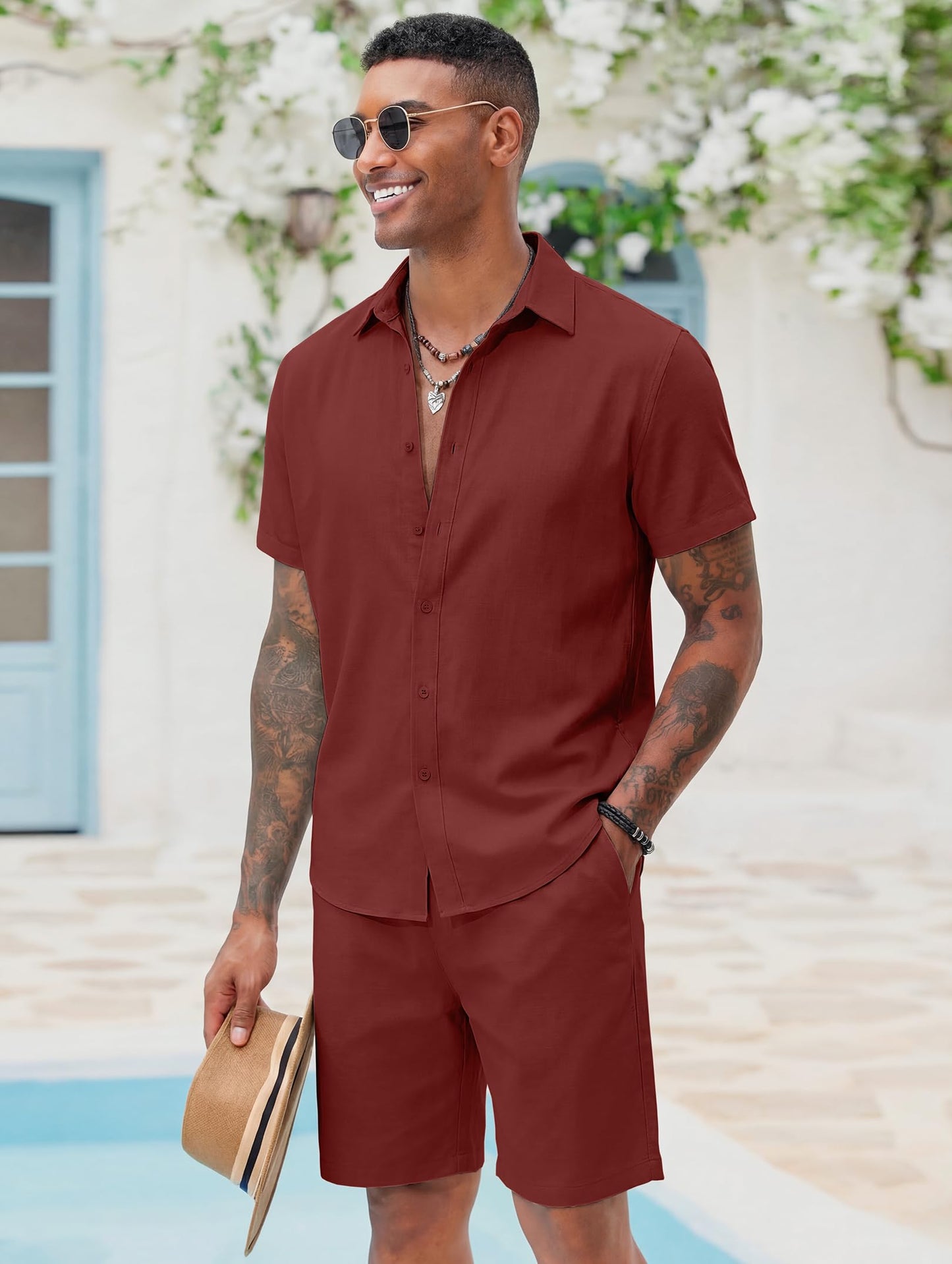 COOFANDY Men's 2 Pieces Cotton Linen Set Short Sleeve Button Down Shirts Summer Beach Shorts Casual Outfits