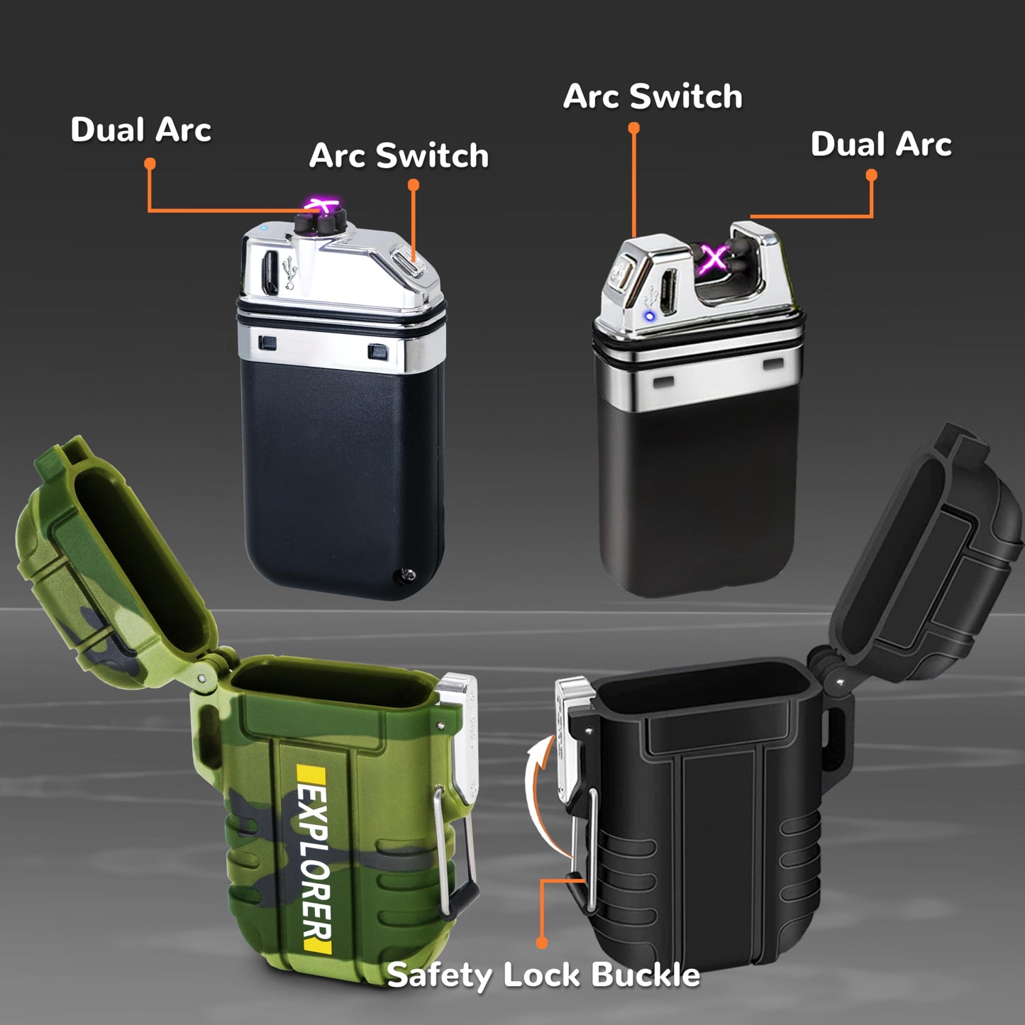 2 Pack Waterproof Lighter Outdoor Windproof Torch Lighters Dual Arc Butane Electric Lighters USB Rechargeable Lighters Flameless Plasma Lighter Camping Hiking Adventure Survival Tactical Gear
