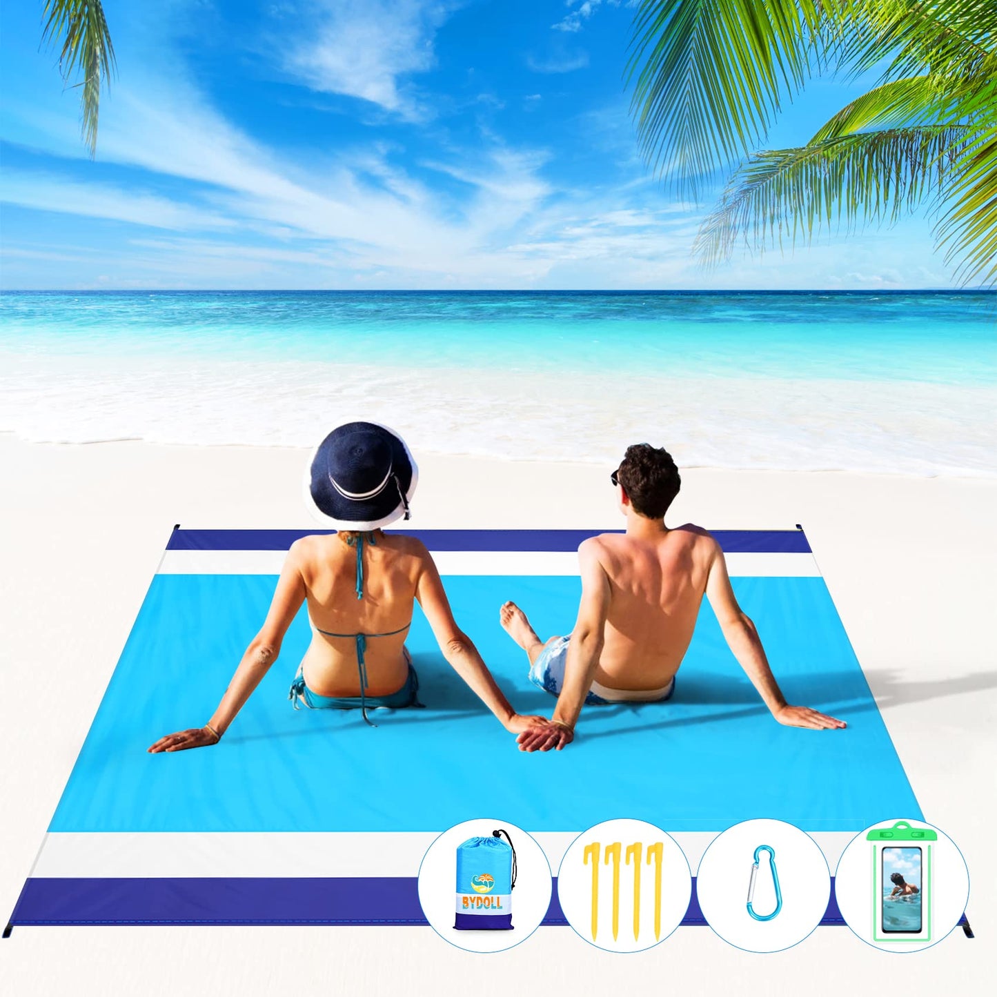 BYDOLL Beach Blanket Waterproof Sandproof Large Sand Free,78''X81''/10'X9' Oversized Sandless Lightweight Blanket Picnic Mat for Beach Travel Camping Hiking with Stakes