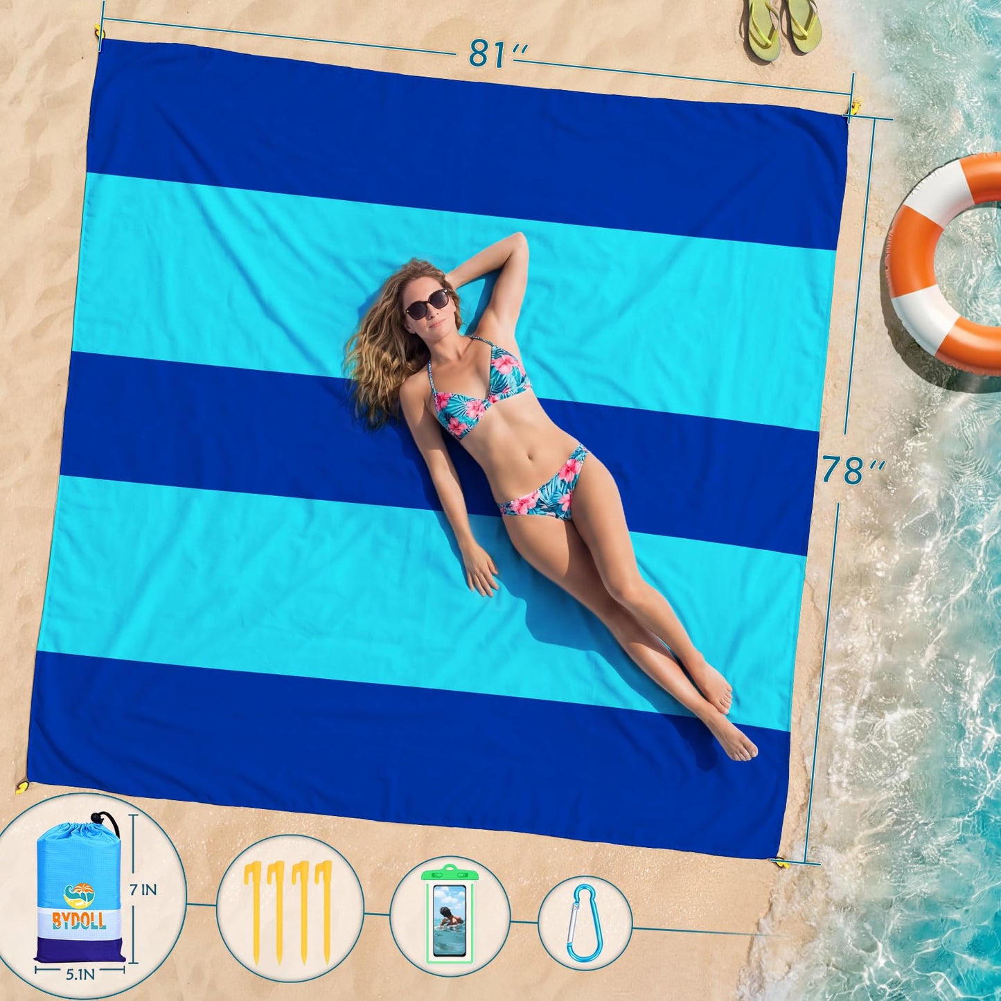 BYDOLL Beach Blanket Waterproof Sandproof Large Sand Free,78''X81''/10'X9' Oversized Sandless Lightweight Blanket Picnic Mat for Beach Travel Camping Hiking with Stakes