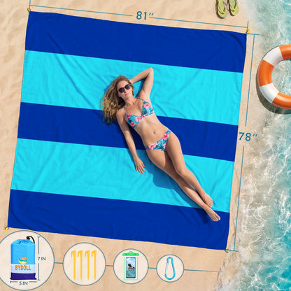 BYDOLL Beach Blanket Waterproof Sandproof Large Sand Free,78''X81''/10'X9' Oversized Sandless Lightweight Blanket Picnic Mat for Beach Travel Camping Hiking with Stakes