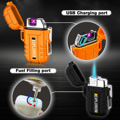 2 Pack Waterproof Lighter Outdoor Windproof Torch Lighters Dual Arc Butane Electric Lighters USB Rechargeable Lighters Flameless Plasma Lighter Camping Hiking Adventure Survival Tactical Gear