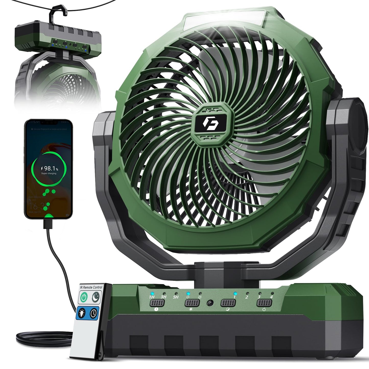 FRIZCOL 3-in-1 Camping Fan - Portable Fans Rechargeable - 24000mAh Battery Powered Fan with Light & Remote for Indoor, Outdoor, Tent, Travel, Fishing, Jobsite, Gifts for Men Dad Him - Green