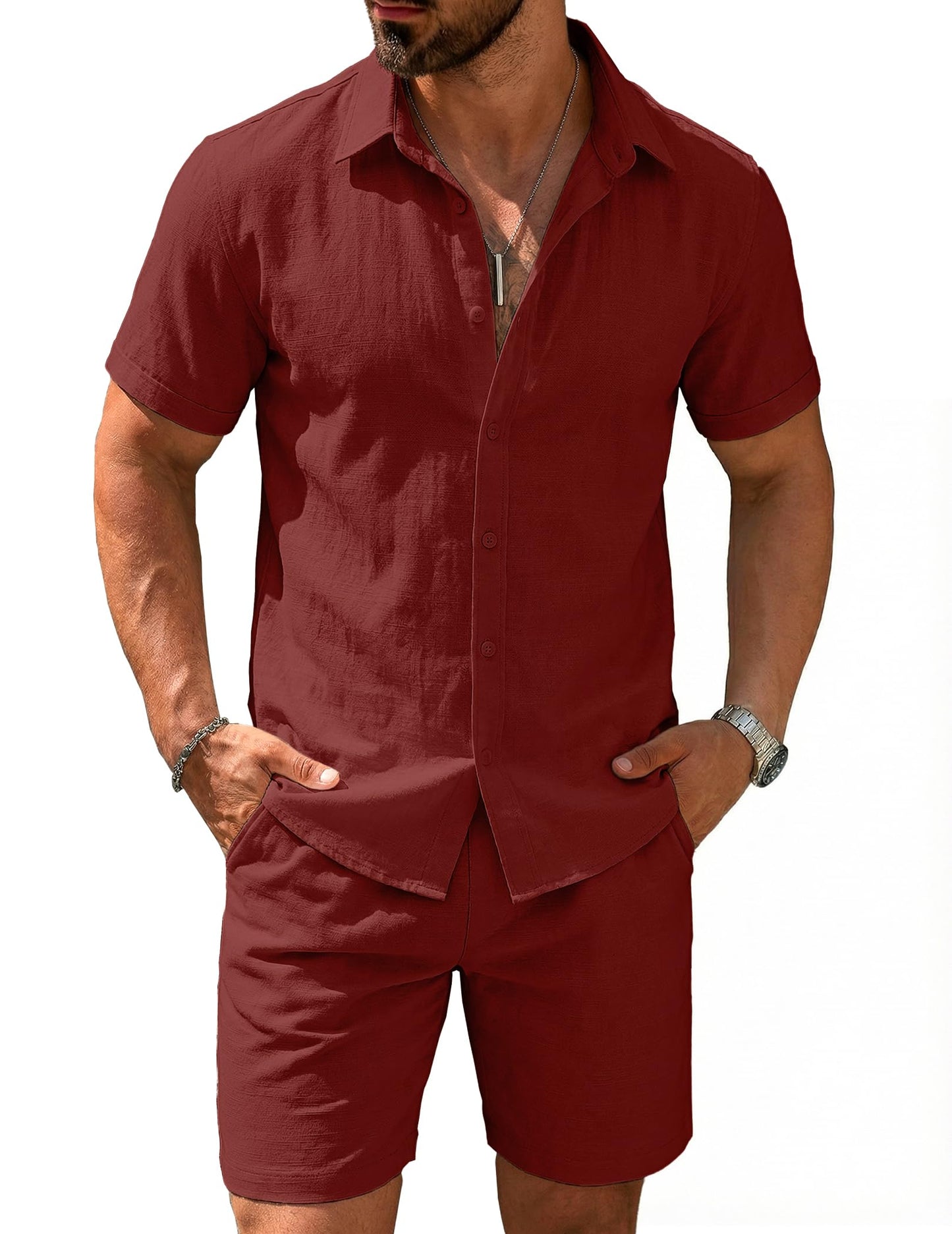 COOFANDY Men's 2 Pieces Cotton Linen Set Short Sleeve Button Down Shirts Summer Beach Shorts Casual Outfits